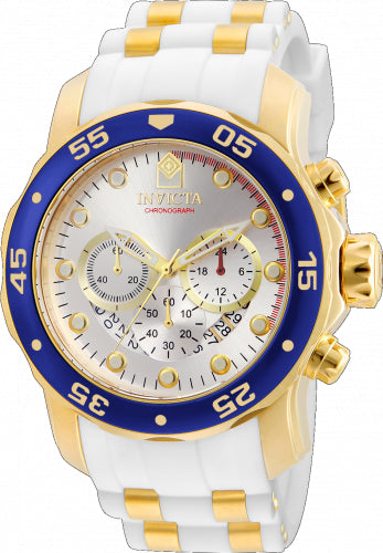 Invicta men's Pro Diver watch with white strap, gold-tone case, blue bezel, chronograph dial on Tampa Home & Garden Store