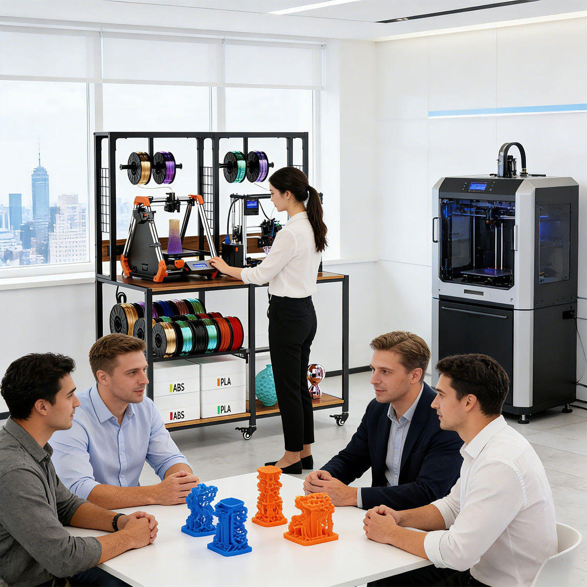 Double 3D printer stand and filament storage in black metal with printers and filament spools on Tampa Home & Garden Store