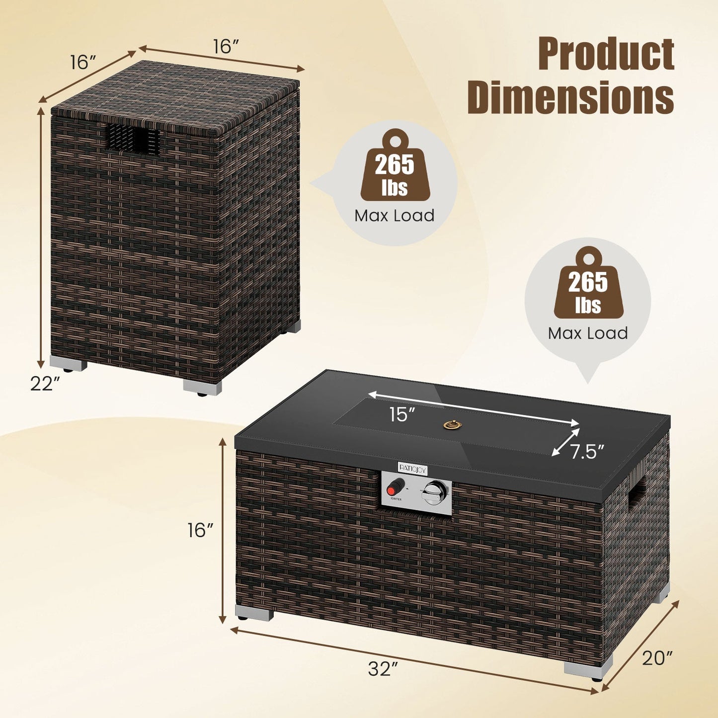 2-Piece outdoor rattan fire table set brown wicker 32-inch rectangle gas fire pit PATIOJOY on Tampa Home & Garden Store