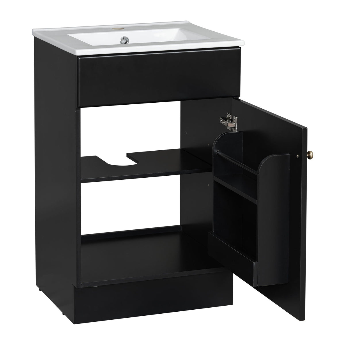 Bathroom vanity with sink and white countertop atop black cabinet, adjustable shelf visible on Tampa Home & Garden Store