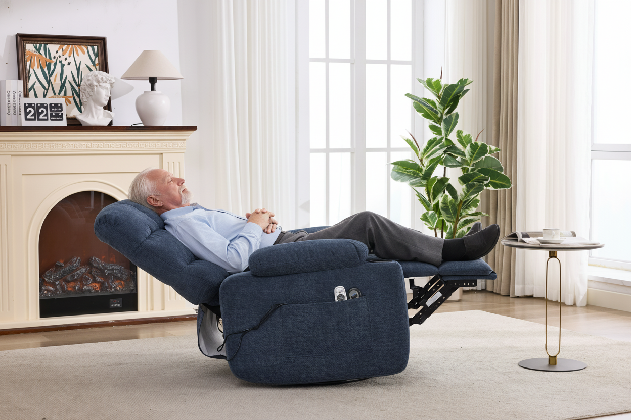 Heat massage electric recliner chair in blue fabric with rocker and swivel by HouseOfZazla on Tampa Home & Garden Store