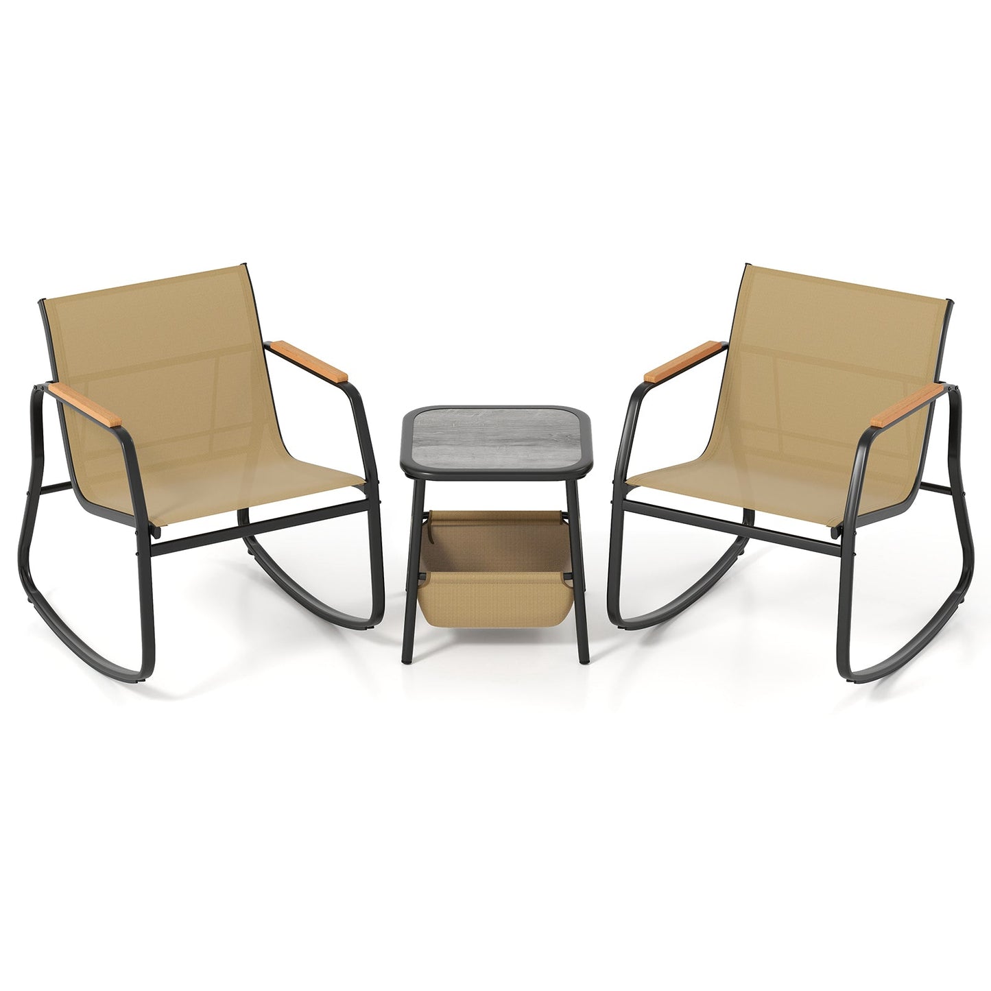 3 Piece Rocking Bistro Chairs and Side Table Set with Storage Bag-Brown
