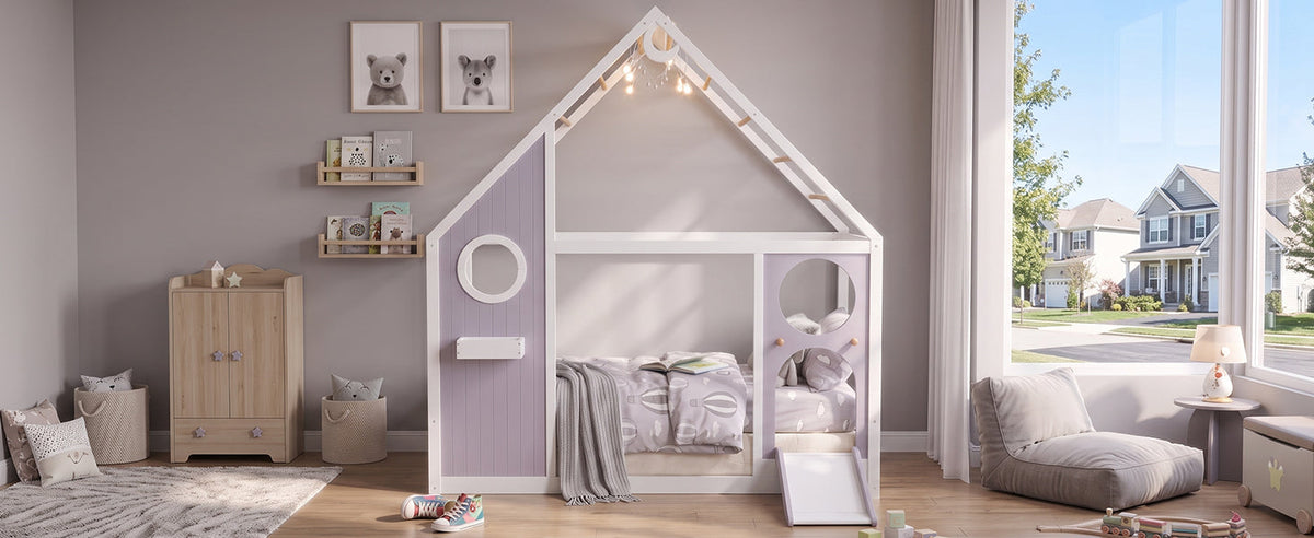 Twin House Bed with Slide and Light Strip lilac white with loft nook on Tampa Home & Garden Store