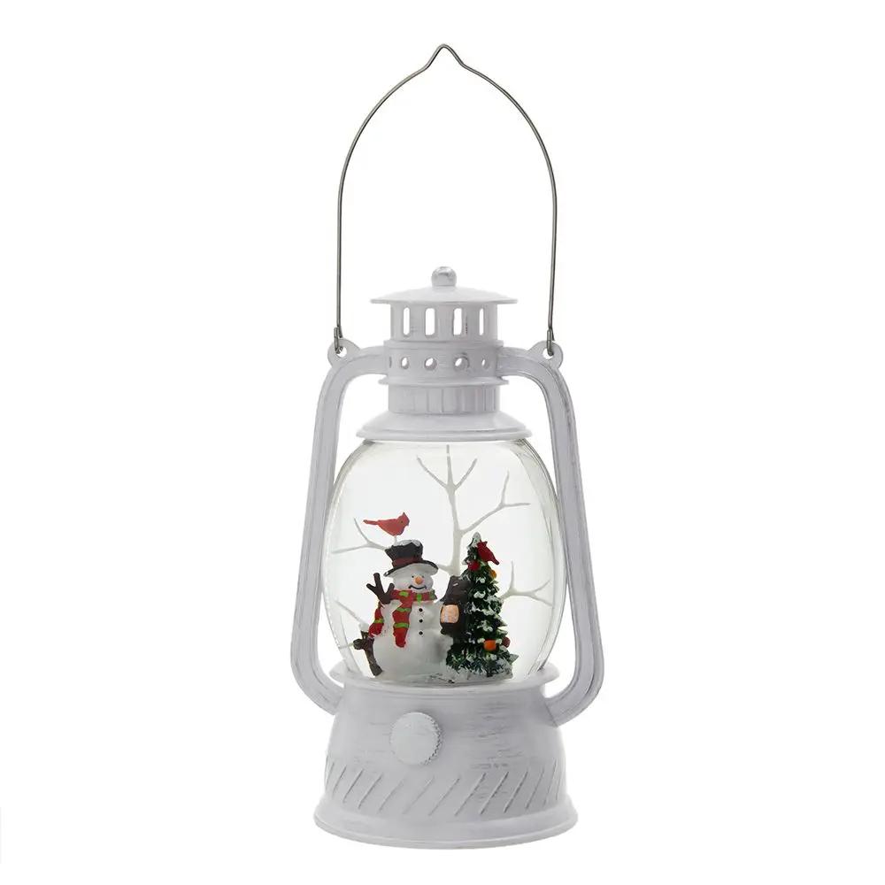 Christmas lantern with snowman and tree inside glass LED water spinning white resin finish on Tampa Home & Garden Store
