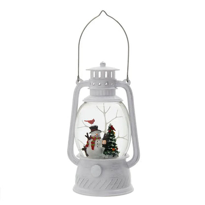 Christmas lantern with snowman and tree inside glass LED water spinning white resin finish on Tampa Home & Garden Store