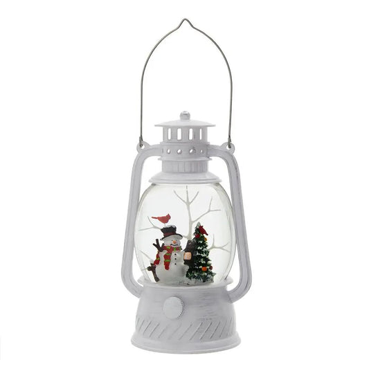 Christmas lantern with snowman and tree inside glass LED water spinning white resin finish on Tampa Home & Garden Store
