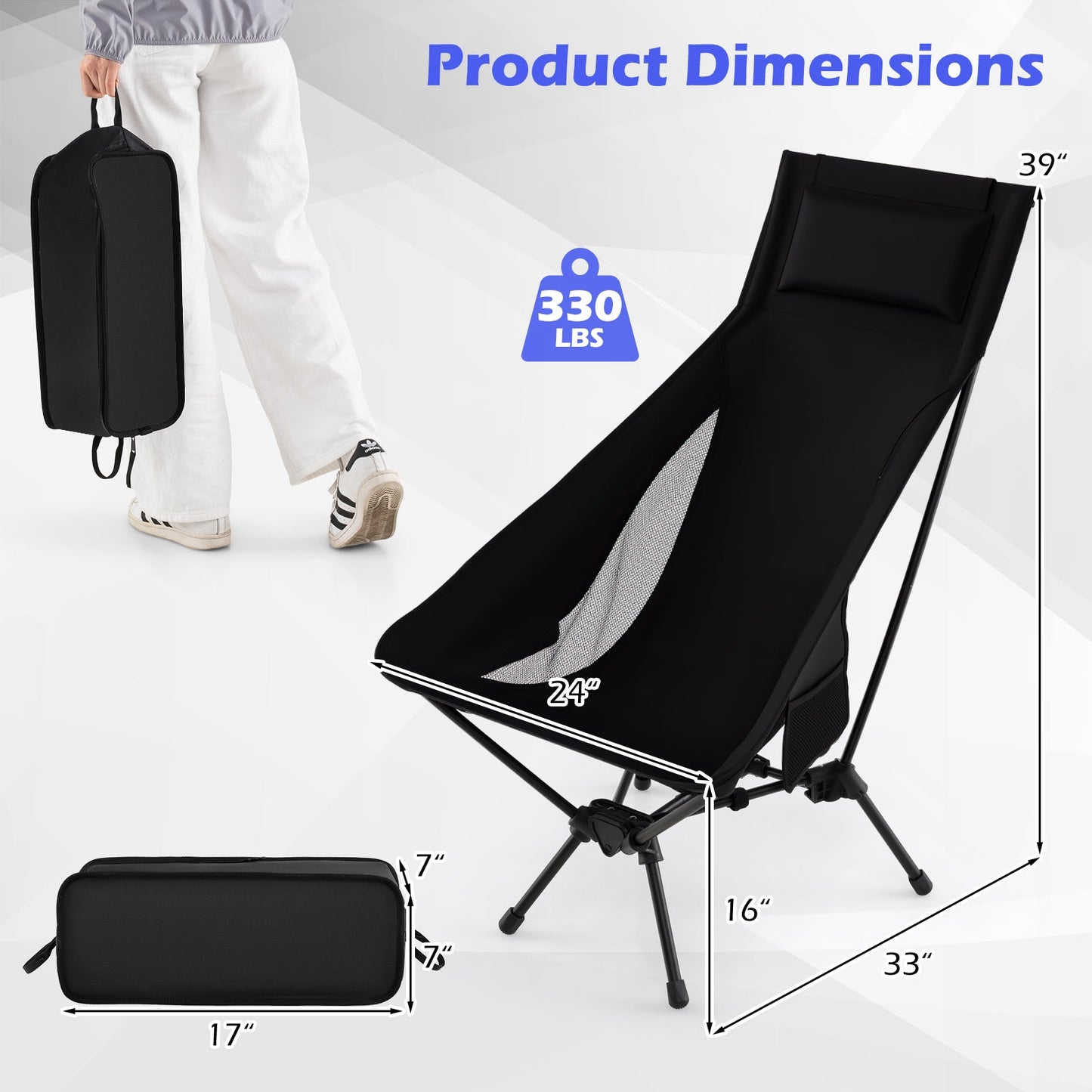 High-back folding camping chair by GemGear with pillow in black and compact carry bag on Tampa Home & Garden Store
