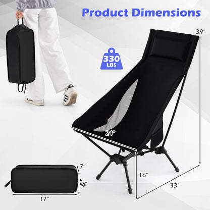 High-back folding camping chair by GemGear with pillow in black and compact carry bag on Tampa Home & Garden Store