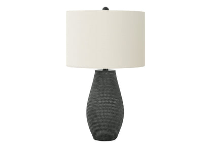 Table lamp HouseOfZazla black resin textured base with beige fabric shade on Tampa Home & Garden Store