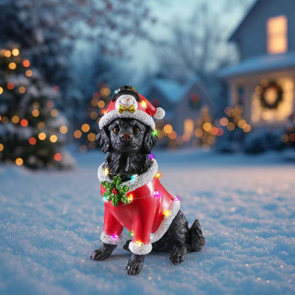 Christmas dog statue HouseOfZazla in red Santa suit with white trim and hat, festive lights on Tampa Home & Garden Store
