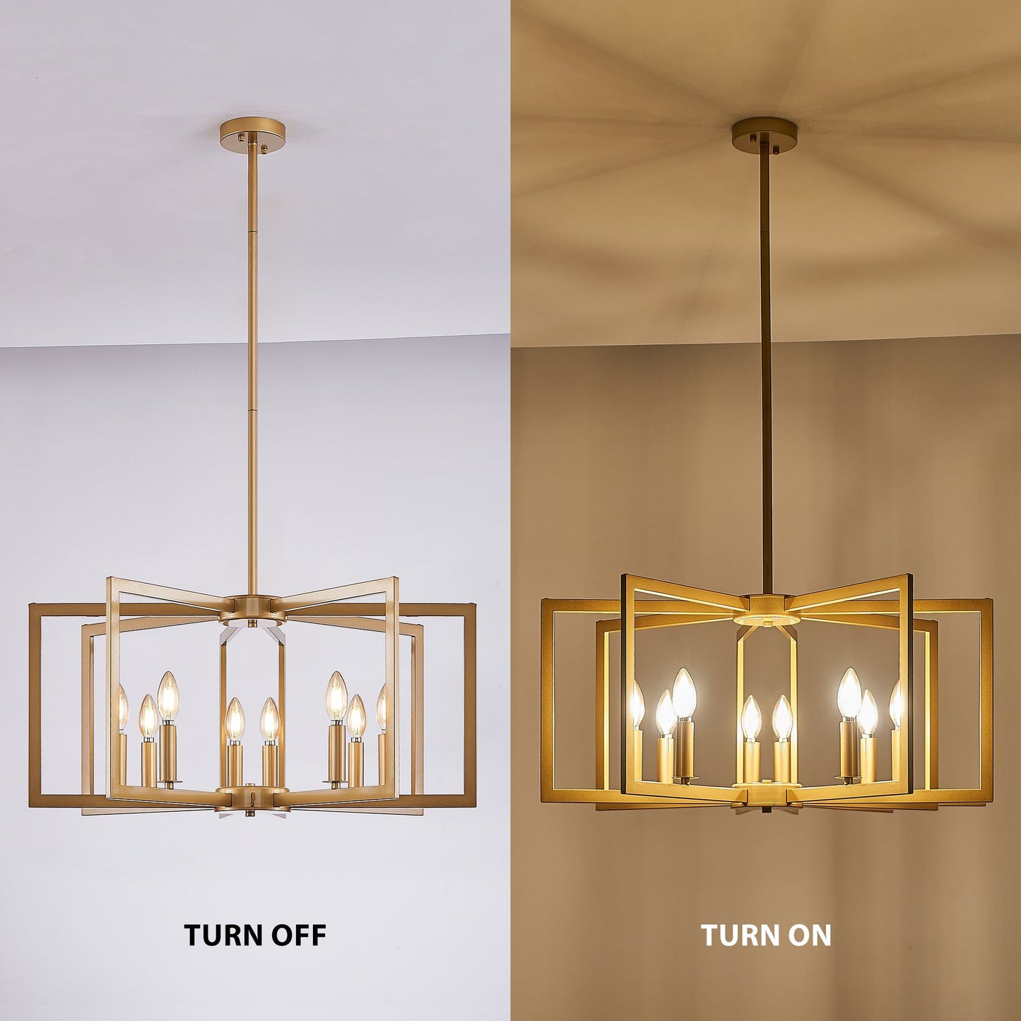 8-light geometric chandelier by HouseOfZazla with brass square frame and candle bulbs on Tampa Home & Garden Store