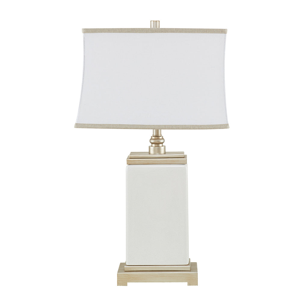 Rectangular ceramic table lamp by HouseOfZazla with white base and brass accents; white shade on Tampa Home & Garden Store