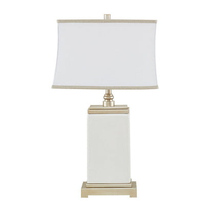 Rectangular ceramic table lamp by HouseOfZazla with white base and brass accents; white shade on Tampa Home & Garden Store