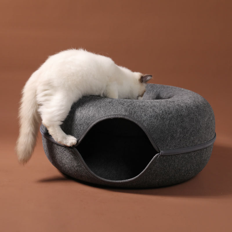 Cat nest tunnel round grey woolen felt with open entrance for pets on Tampa Home & Garden Store