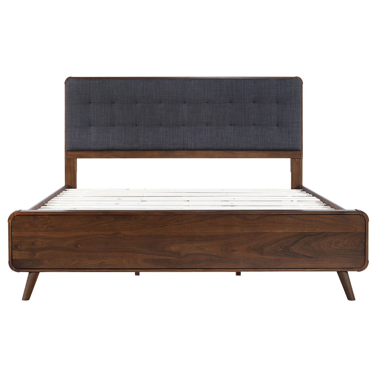 Carson Carrington platform bed with tufted gray upholstery and wood frame HouseOfZazla on Tampa Home & Garden Store