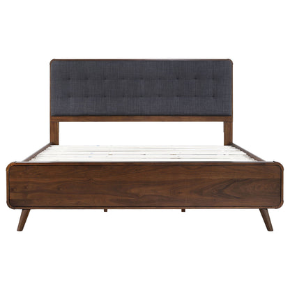 Carson Carrington platform bed with tufted gray upholstery and wood frame HouseOfZazla on Tampa Home & Garden Store