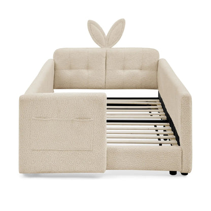Rabbit-ear upholstered platform bed frame in boucle with safety rail by Unique Piece Furniture on Tampa Home & Garden Store
