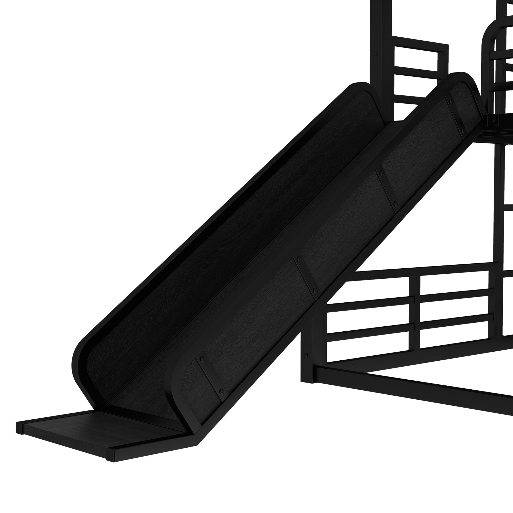 HouseOfZazla bunk bed: twin-over-twin-over-full with slide, black wood finish on Tampa Home & Garden Store