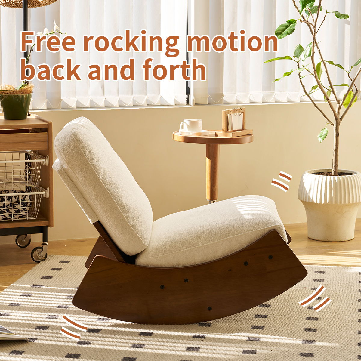 Upholstered glider rocking chair with solid wood frame in beige fabric on Tampa Home & Garden Store