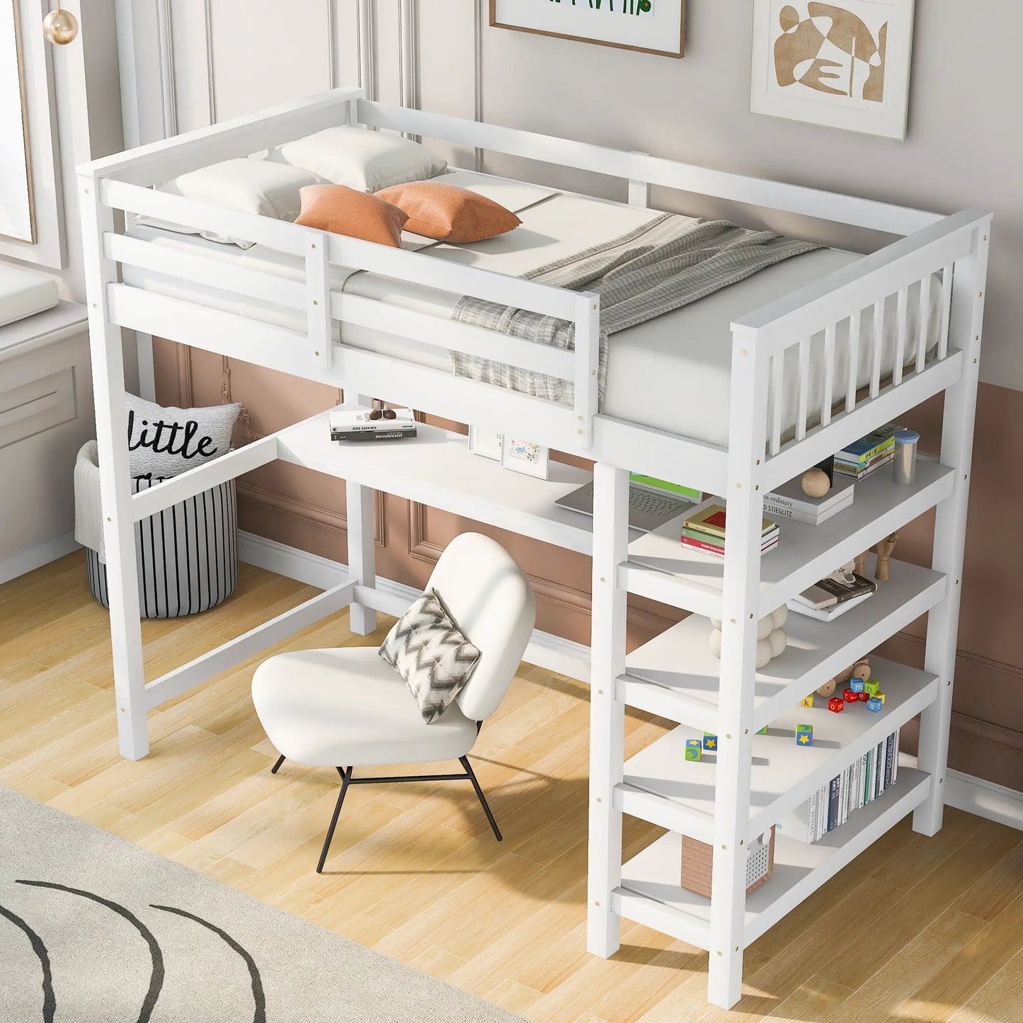 Loft Bed with Storage Shelves and Under Bed Desk