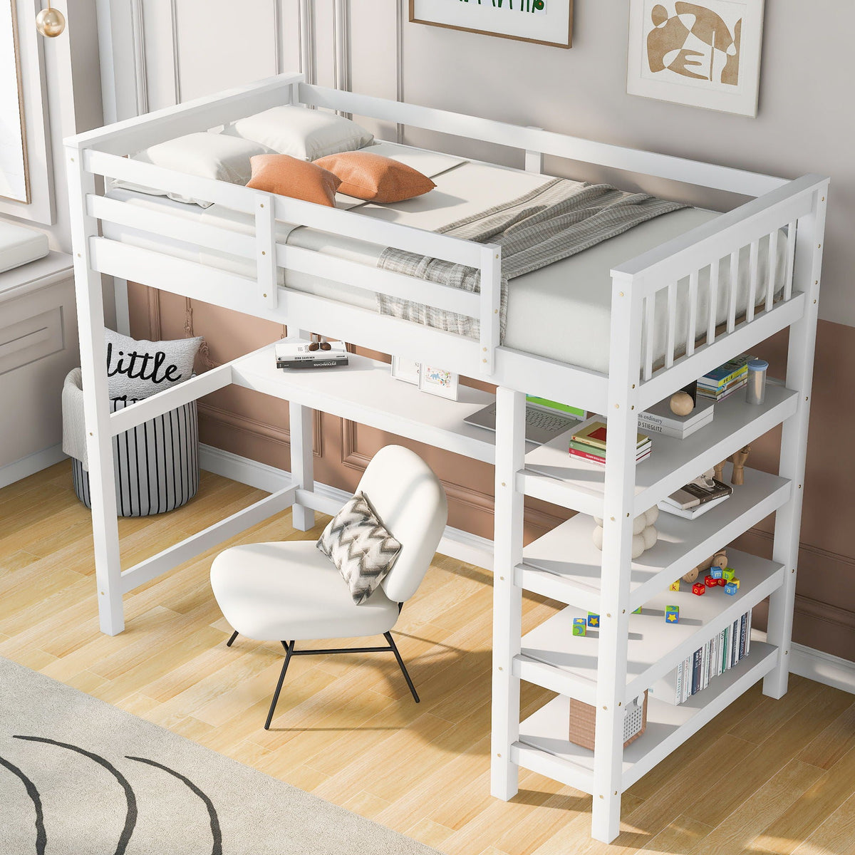 HouseOfZazla white loft bed with storage shelves and under-bed desk on Tampa Home & Garden Store