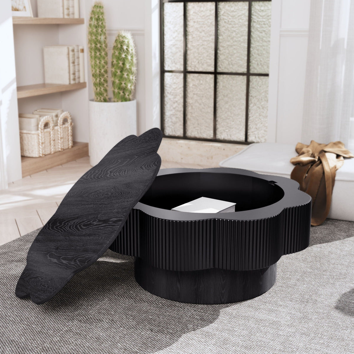 Modern plum blossom shaped coffee table with hidden storage, black finish on Tampa Home & Garden Store