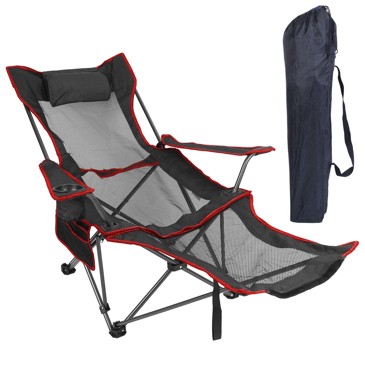 GemGear foldable camping chair with reclining back, black mesh seat, red trim, cup holder on Tampa Home & Garden Store