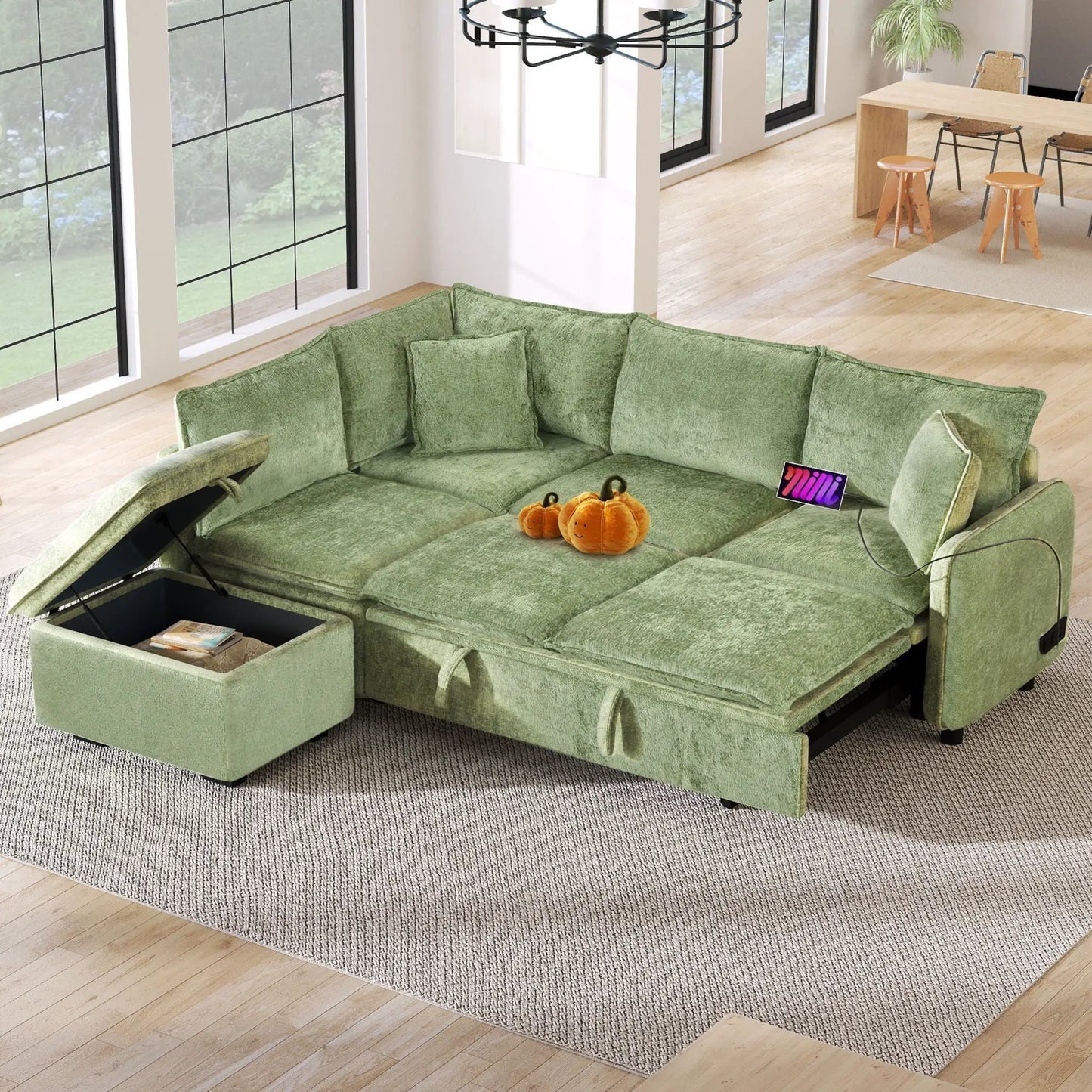 Sleeper sectional sofa in green with storage ottoman, USB ports and power sockets on Tampa Home & Garden Store