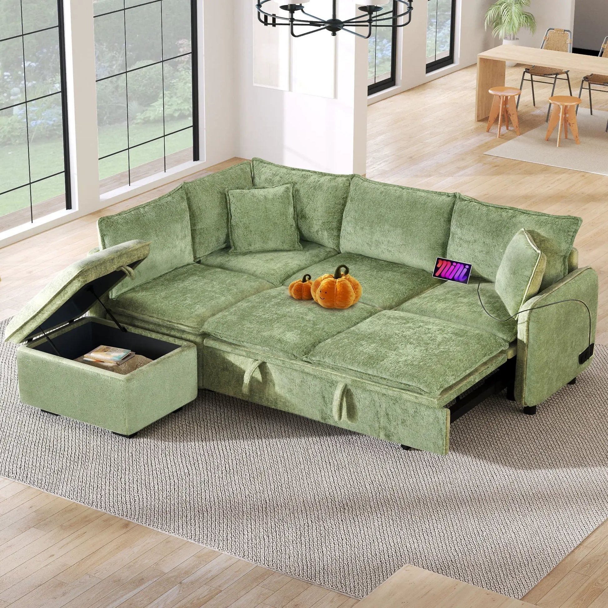 Sleeper sectional sofa in green with storage ottoman, USB ports and power sockets on Tampa Home & Garden Store