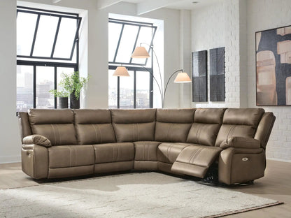 Max-Momentum reclining sectional in brown leather with plush cushions in a living room on Tampa Home & Garden Store