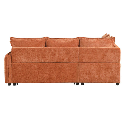 Convertible sofa bed sectional with storage ottoman in orange textured fabric, low-profile with black legs on Tampa Home & Garden Store