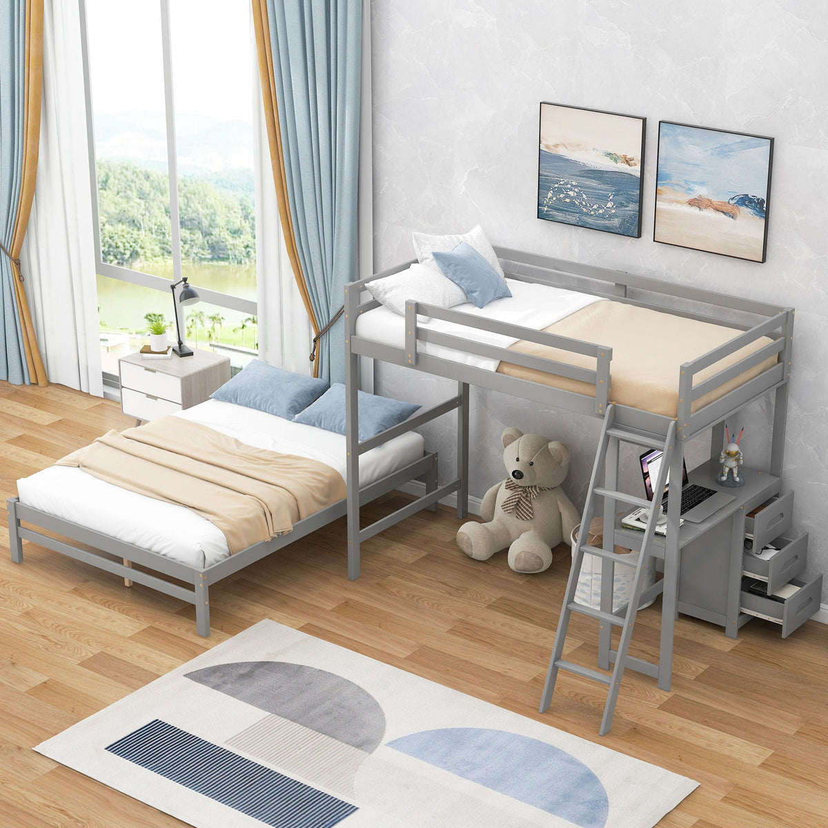 Bunk bed with built-in desk and three drawers, gray metal frame and ladder on the right on Tampa Home & Garden Store