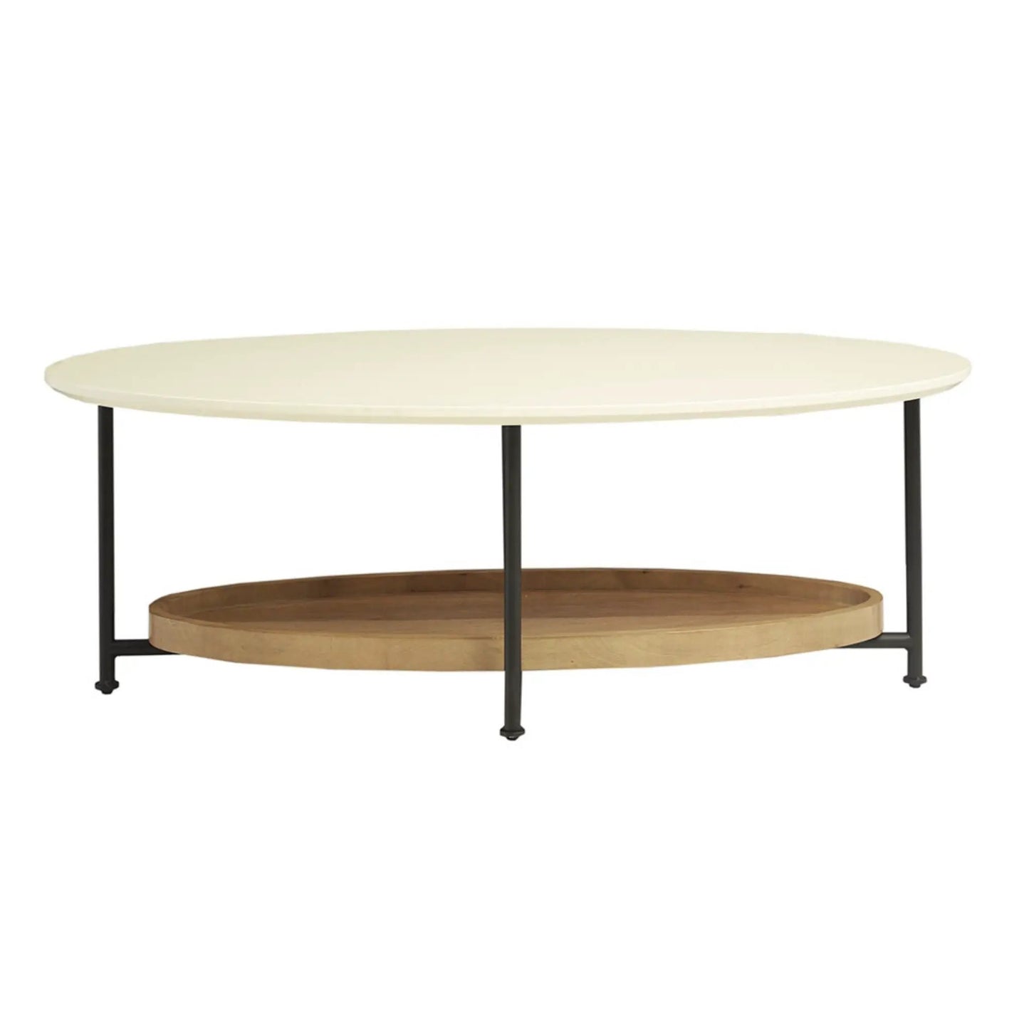 Oval coffee table with white top, natural wood lower shelf, and black metal legs on Tampa Home & Garden Store