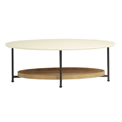 Oval coffee table with white top, natural wood lower shelf, and black metal legs on Tampa Home & Garden Store