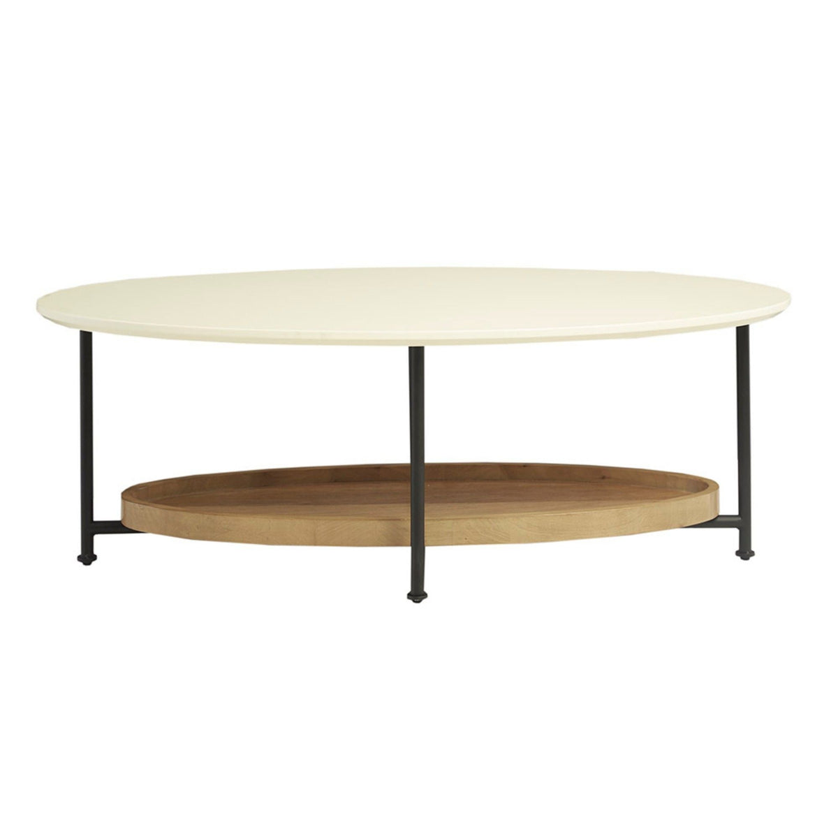 Oval coffee table with storage shelf, white top and natural wood bottom shelf, black legs on Tampa Home & Garden Store