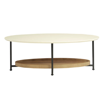 Oval coffee table with storage shelf, white top and natural wood bottom shelf, black legs on Tampa Home & Garden Store