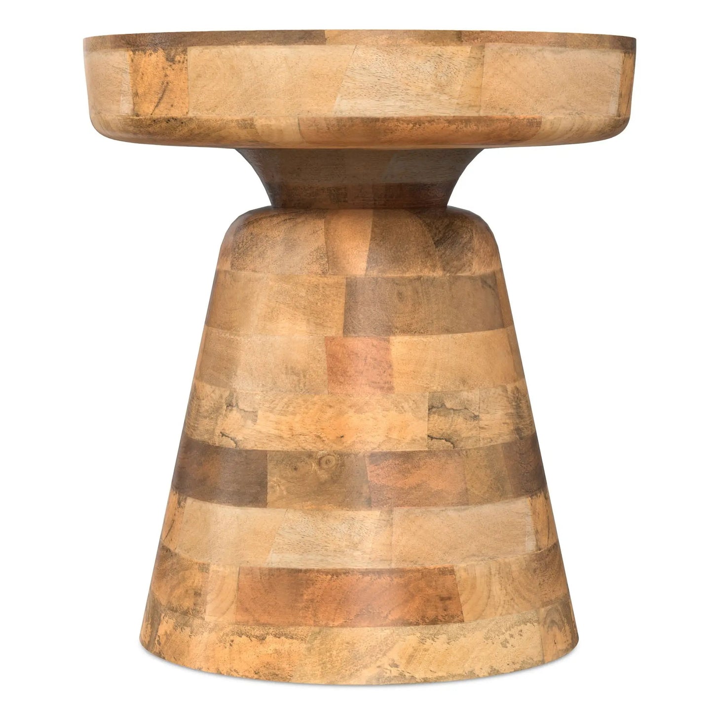 Robbie Handcrafted Accent Table round patchwork wood top with pedestal base on Tampa Home & Garden Store