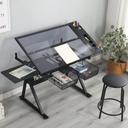 Adjustable Glass Drafting Table with Chair