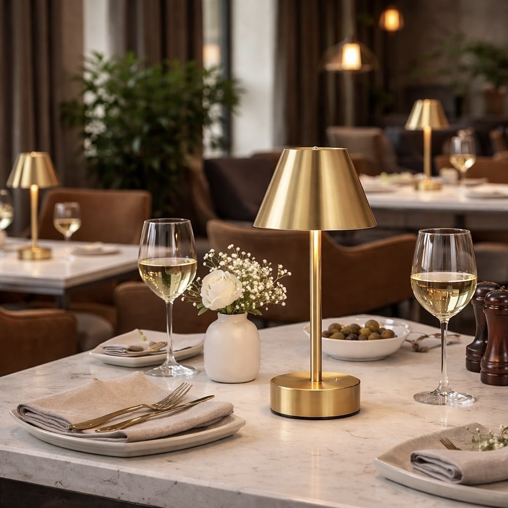 Elegance Rechargeable LED Table Lamp in gold finish with LED touch switch on marble dining table on Tampa Home & Garden Store