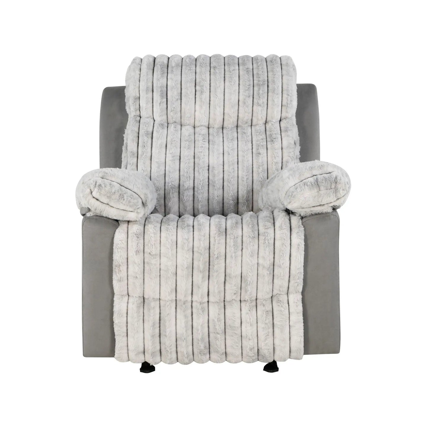 Bruni Glider Recliner With Manual Recline gray fabric chair with plush faux fur throw on Tampa Home & Garden Store