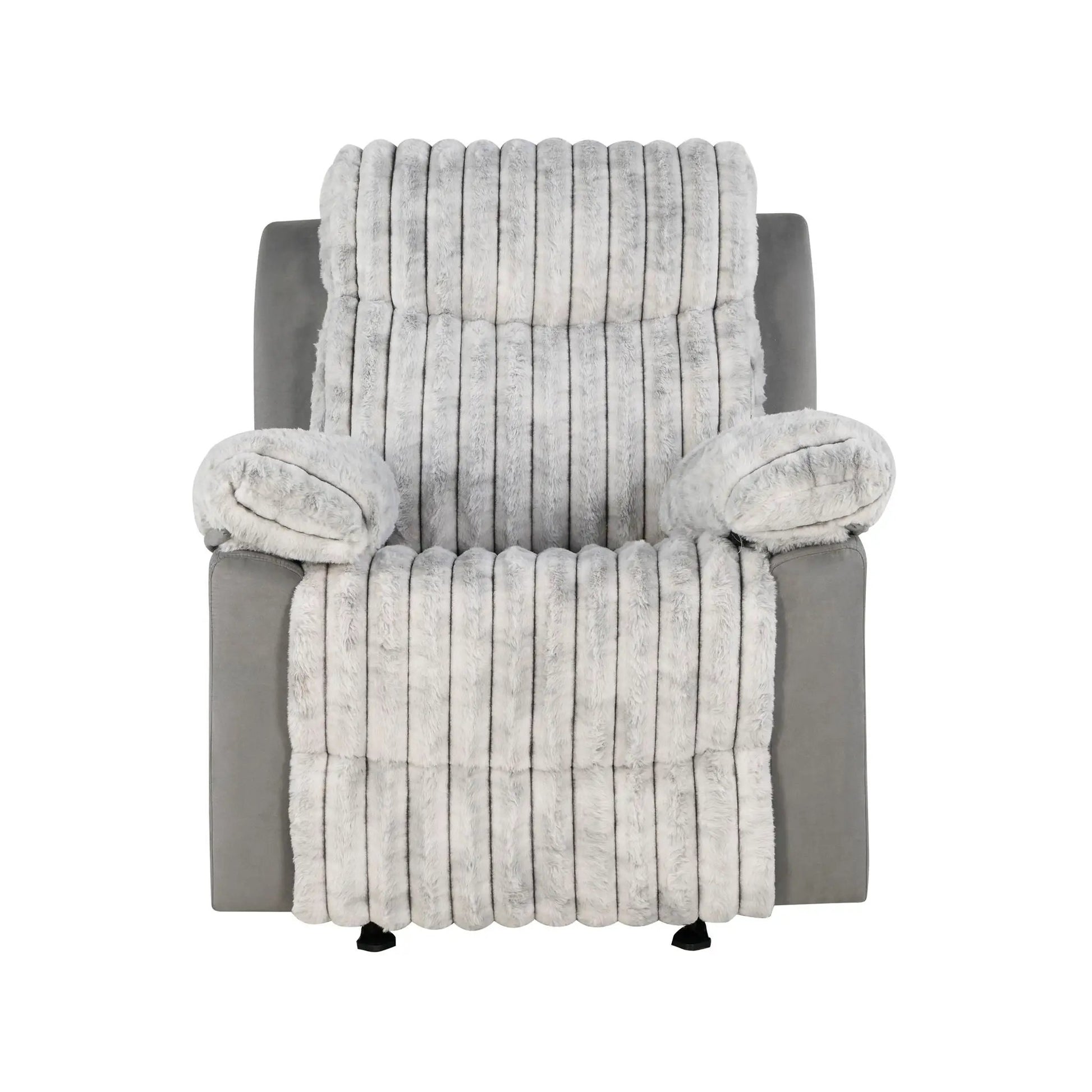 Bruni Glider Recliner With Manual Recline gray fabric chair with plush faux fur throw on Tampa Home & Garden Store