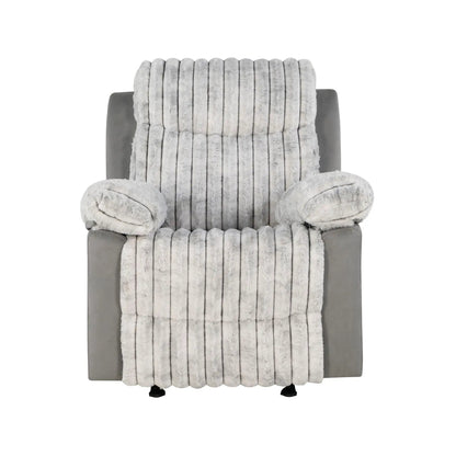 Bruni Glider Recliner With Manual Recline gray fabric chair with plush faux fur throw on Tampa Home & Garden Store