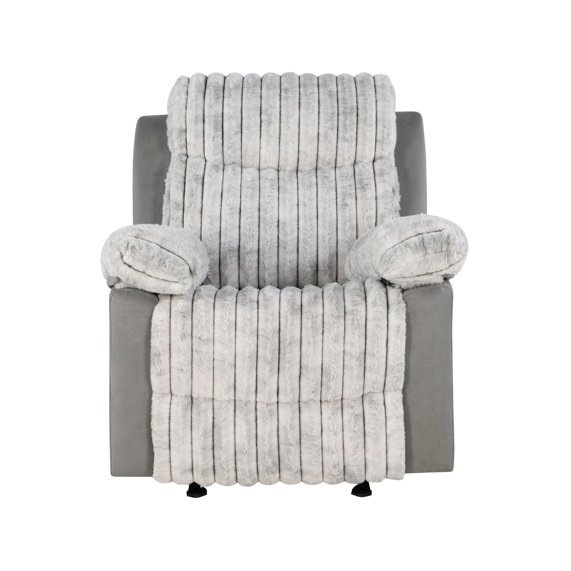 Bruni glider recliner with manual recline in gray faux fur throw on Tampa Home & Garden Store