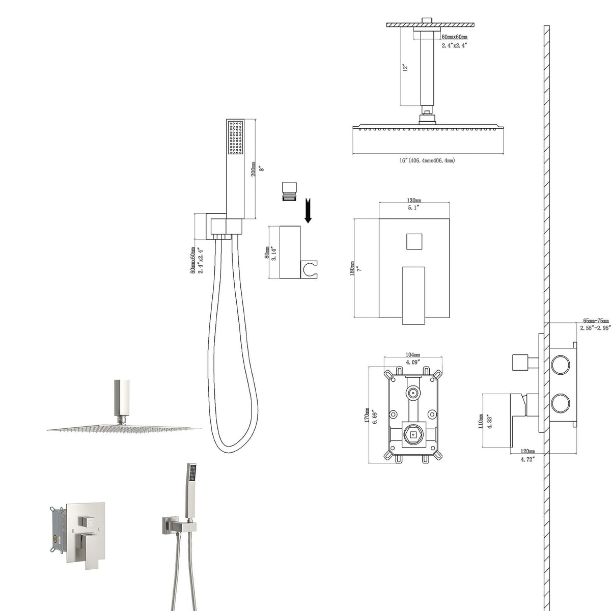 Dual shower head ceiling-mount system gray finish with pressure-balanced valve HouseOfZazla on Tampa Home & Garden Store