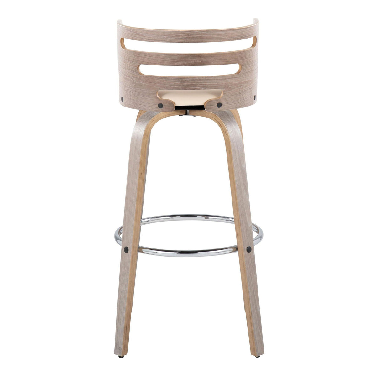 Mid-century modern barstool with swivel and footrest, natural wood finish, curved back, chrome base on Tampa Home & Garden Store