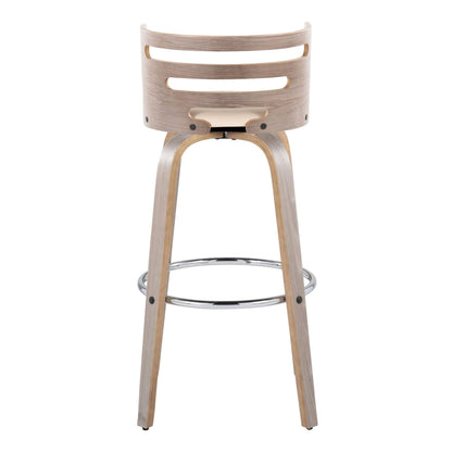 Mid-century modern barstool with swivel and footrest, natural wood finish, curved back, chrome base on Tampa Home & Garden Store