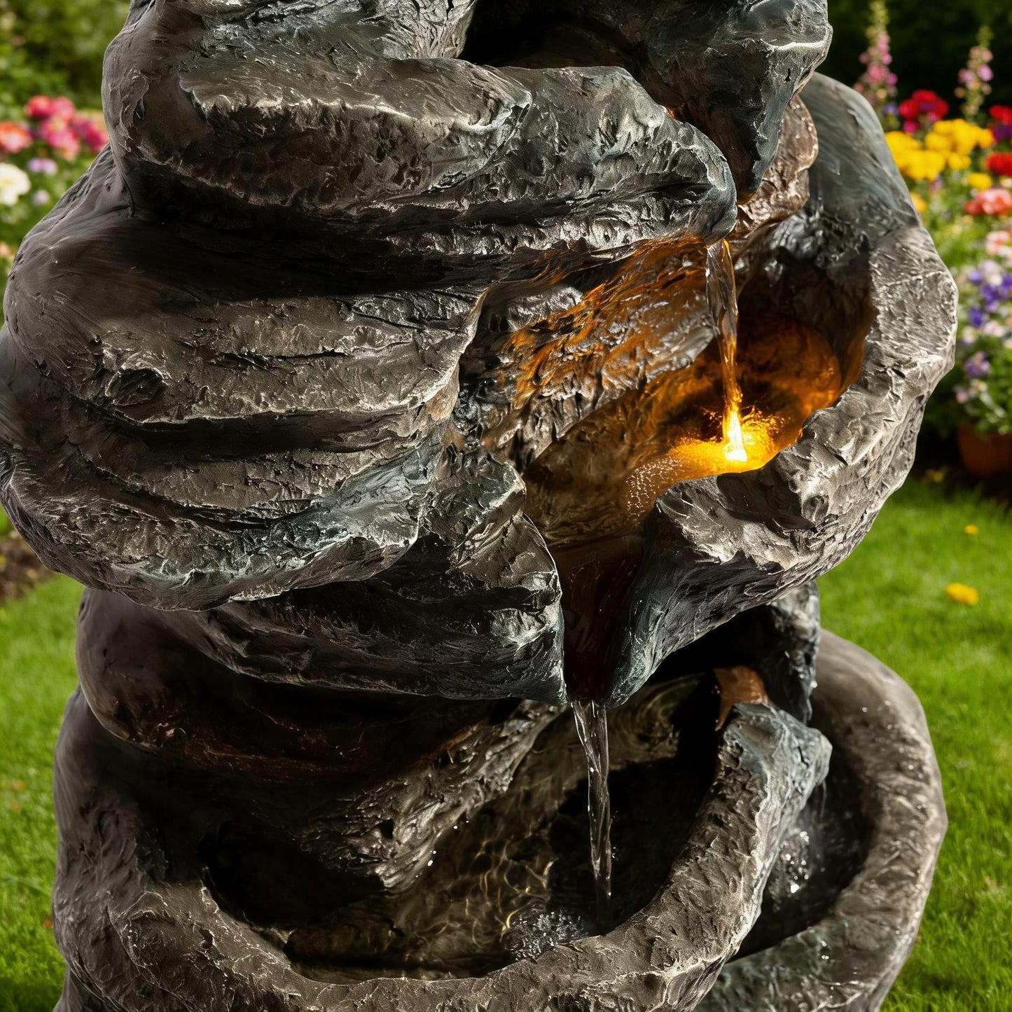 6-Tier Outdoor Cascading Stone Water Fountain by HouseOfZazla dark gray rock with 3 LED lights on Tampa Home & Garden Store