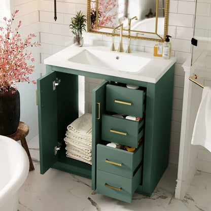 Green freestanding bathroom vanity with sink, 3 drawers and soft-close doors, gold faucet on Tampa Home & Garden Store