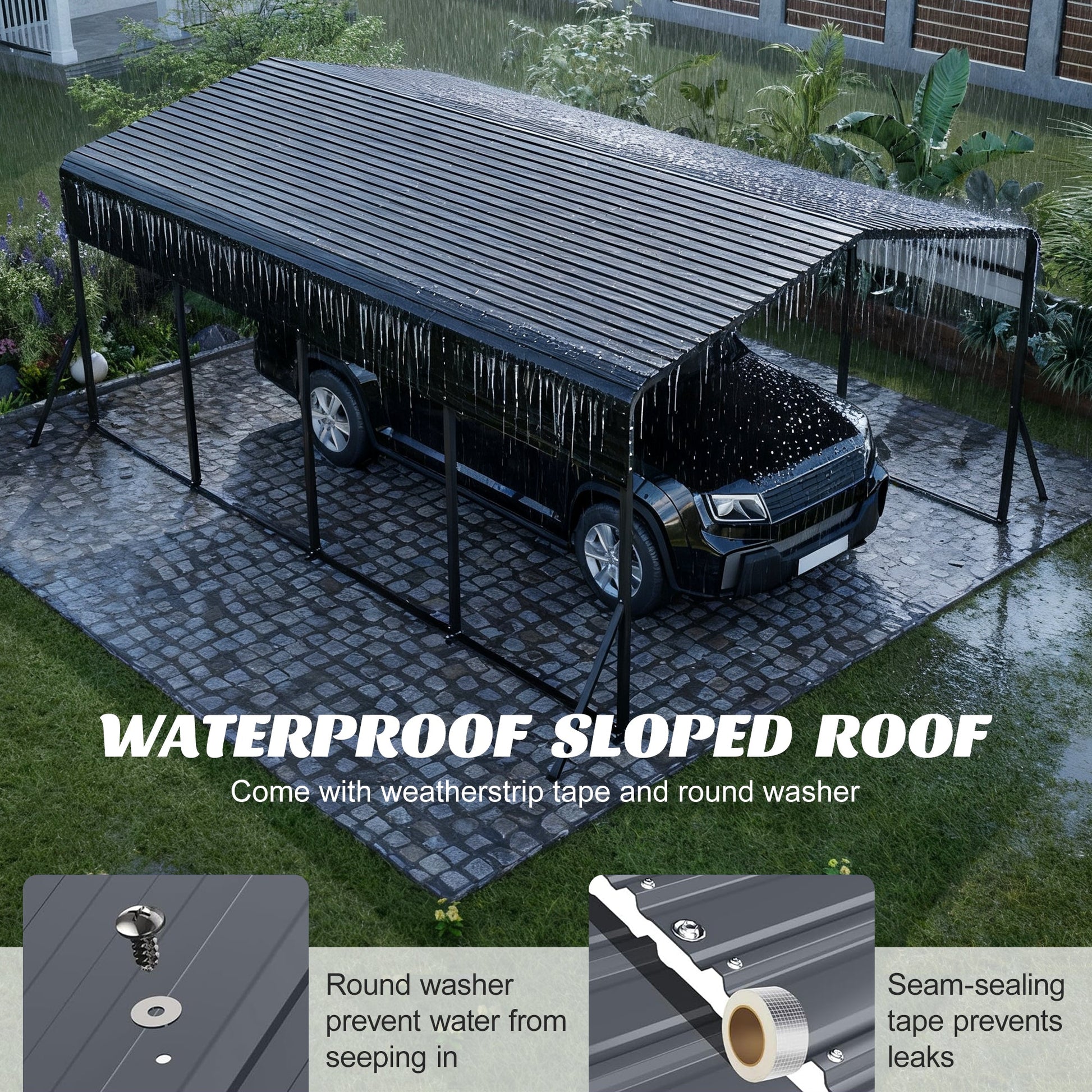 13x20 ft metal carport with upgraded frame by HouseOfZazla, black roof over a car in a garden on Tampa Home & Garden Store