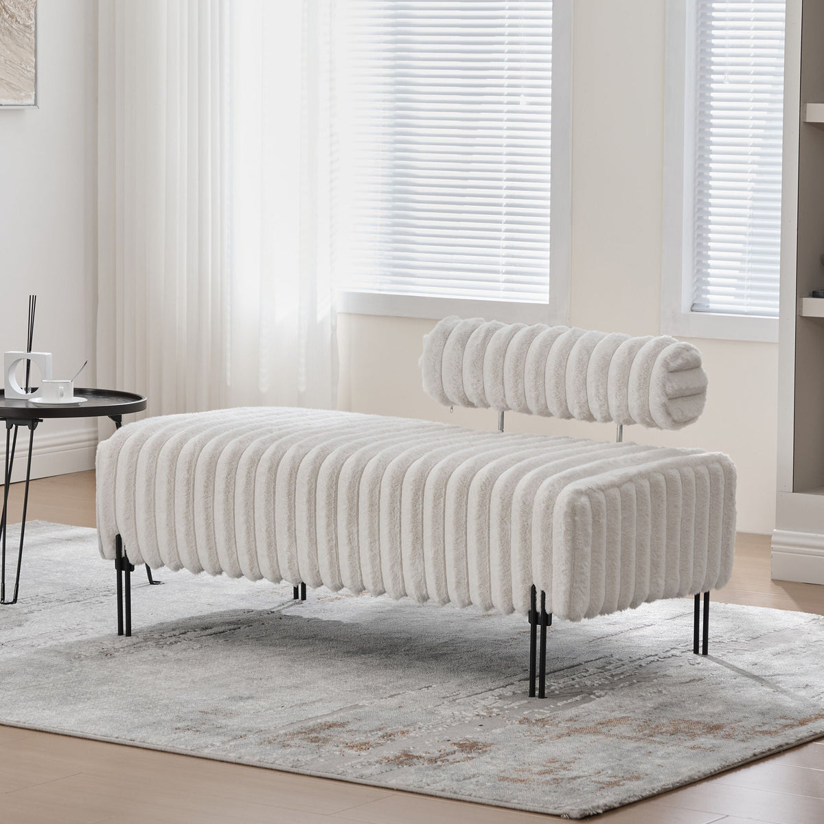 Mini stationary loveseat pair in cream-white ribbed fabric with black metal legs on Tampa Home & Garden Store